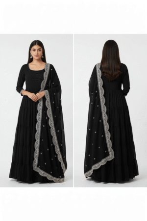 Black Embellished Poly Georgette Anarkali Kurta with Churidar & Dupatta – Timeless Elegance for Every Occasion
