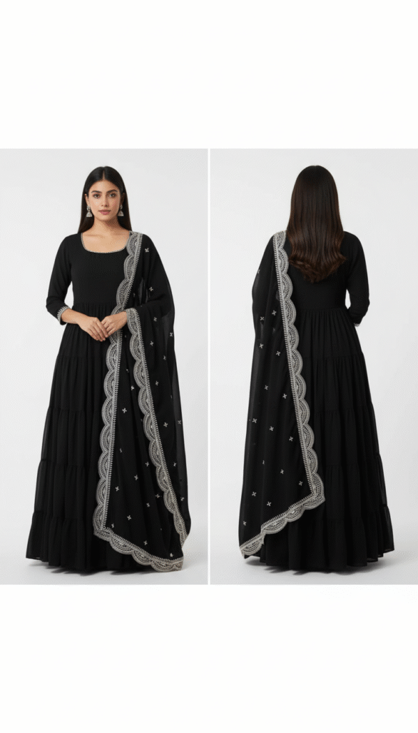 Black Embellished Poly Georgette Anarkali Kurta with Churidar & Dupatta – Timeless Elegance for Every Occasion