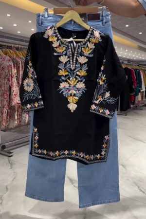 Floral Embroidered Kashmiri Aari Work Pure Cotton Short Kurti