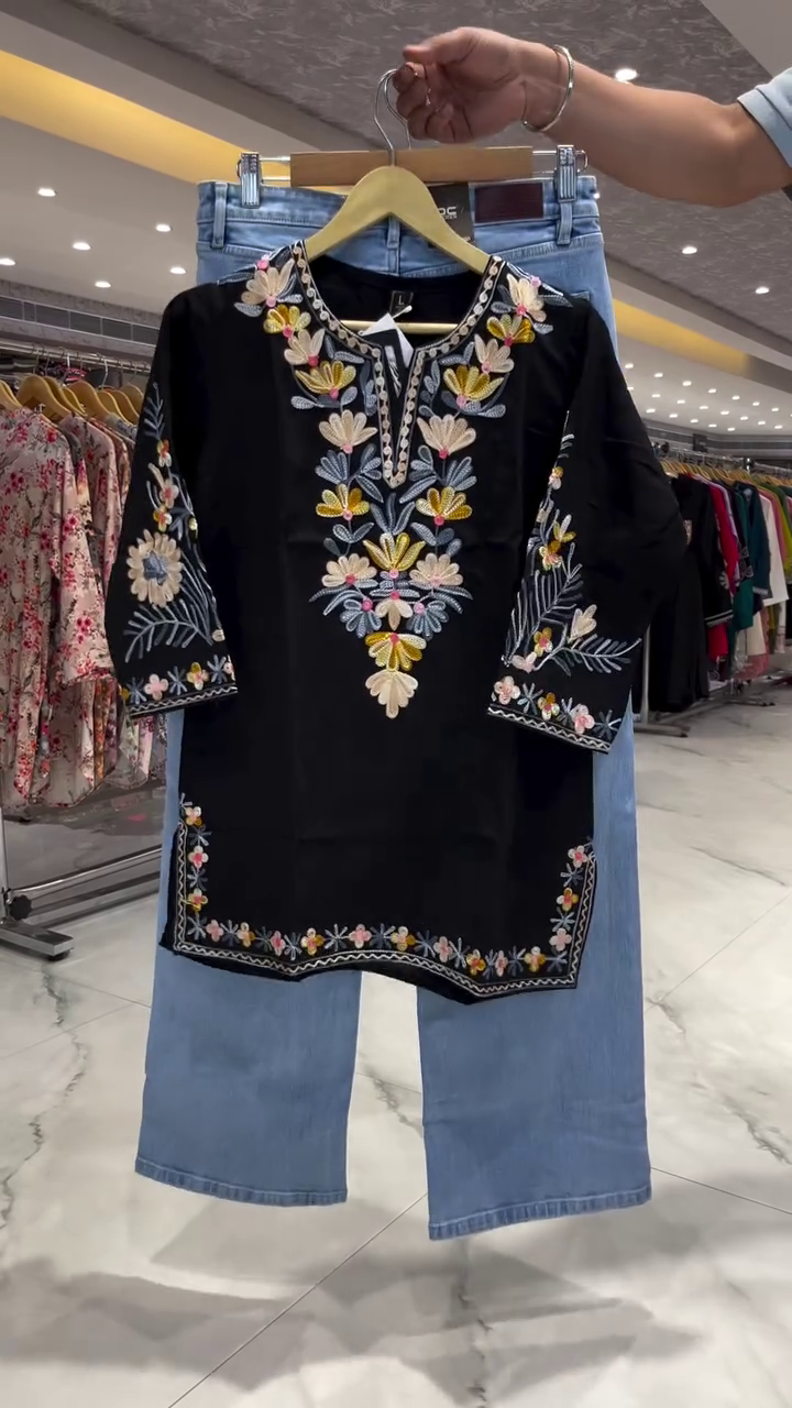 Floral Embroidered Kashmiri Aari Work Pure Cotton Short Kurti