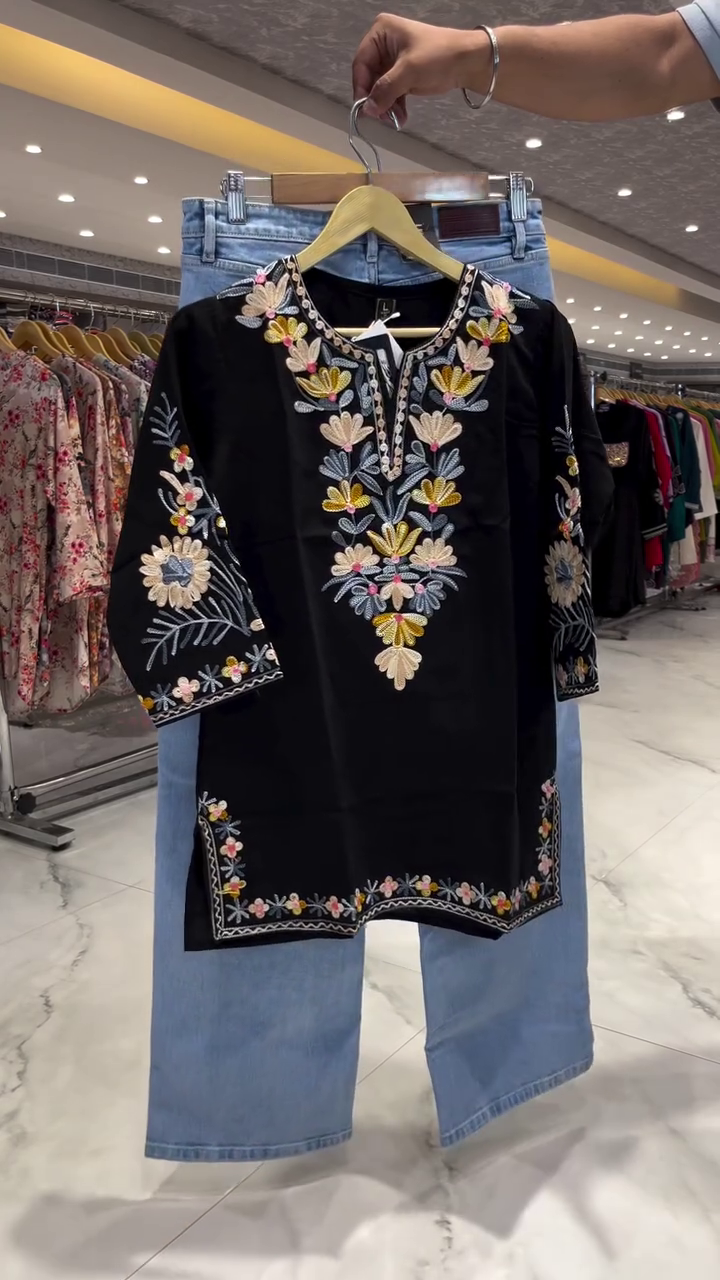 Floral Embroidered Kashmiri Aari Work Pure Cotton Short Kurti - Image 2