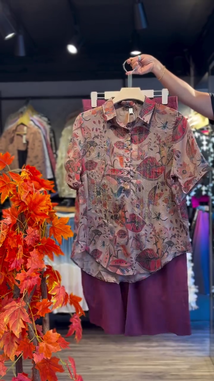 Print Mandarin Collar Shirt Style Top