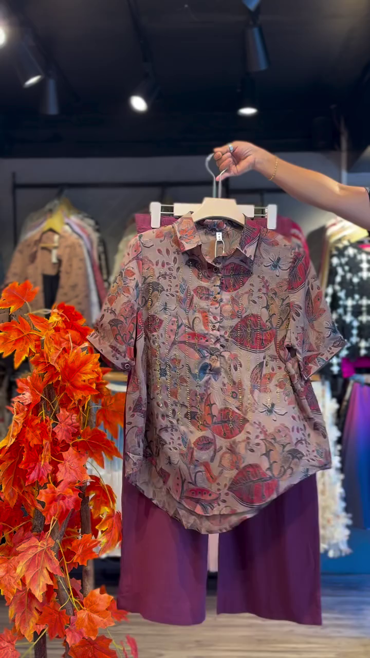 Print Mandarin Collar Shirt Style Top - Image 3
