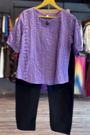 Schiffli Puff Sleeve Cotton A-Line Top