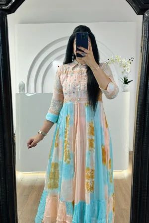 Peach & Blue Mulmul Cotton Suit Set