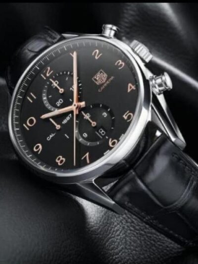 Tagheuer Black Leather Strap Gold Dial Chronograph Men's Watch