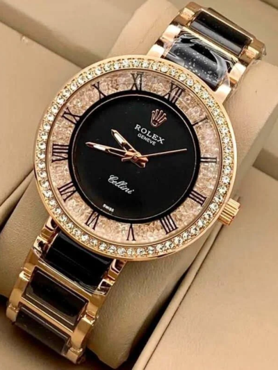 Rolex Black And Rose Gold Metal Belt Party Wear Diamond Studded Women’s Watch