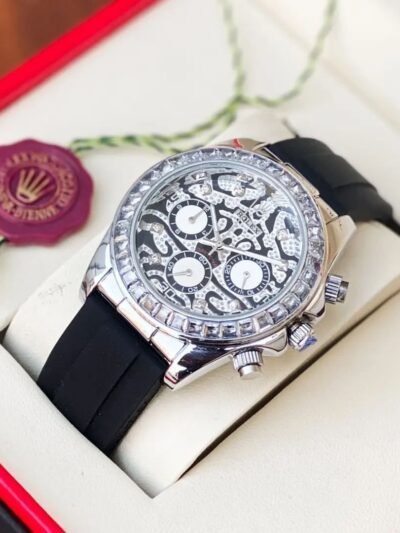 Rolex Diamond Studded Black Leather Belt Watch For Men