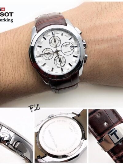 Tissot Brown Leather Strap Silver Bezel Watch For Men
