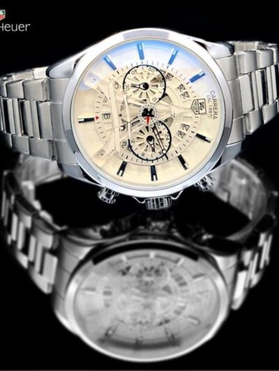 Trendy Fashionable Tagheuer Silver Metal Belt Chronograph Men's Watch