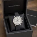 Emporio Armani Men's Elegant White Dial Chronograph Watch with Black Strap