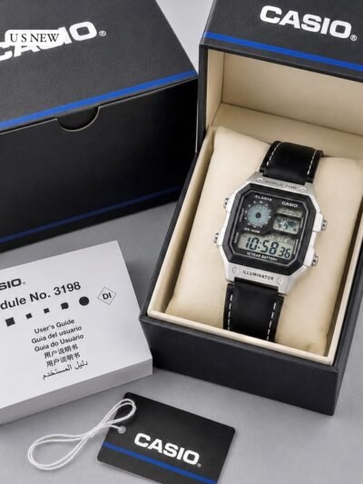 Casio World Time Digital Watch – Silver Case Black Leather Strap