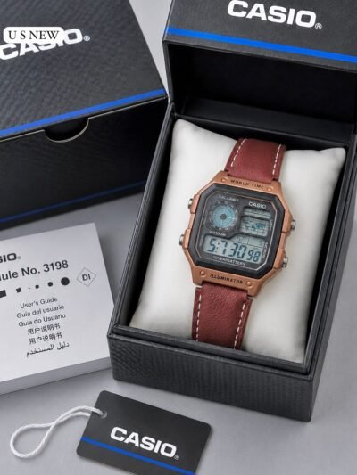 Casio World Time Digital Watch – Rose Gold Brown Leather Strap