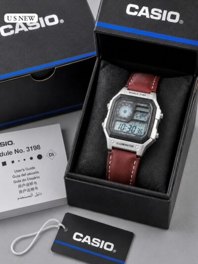 Casio World Time Digital Watch – Silver Case Brown Leather Strap