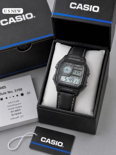 Casio World Time Digital Watch – Black Case Black Leather Strap