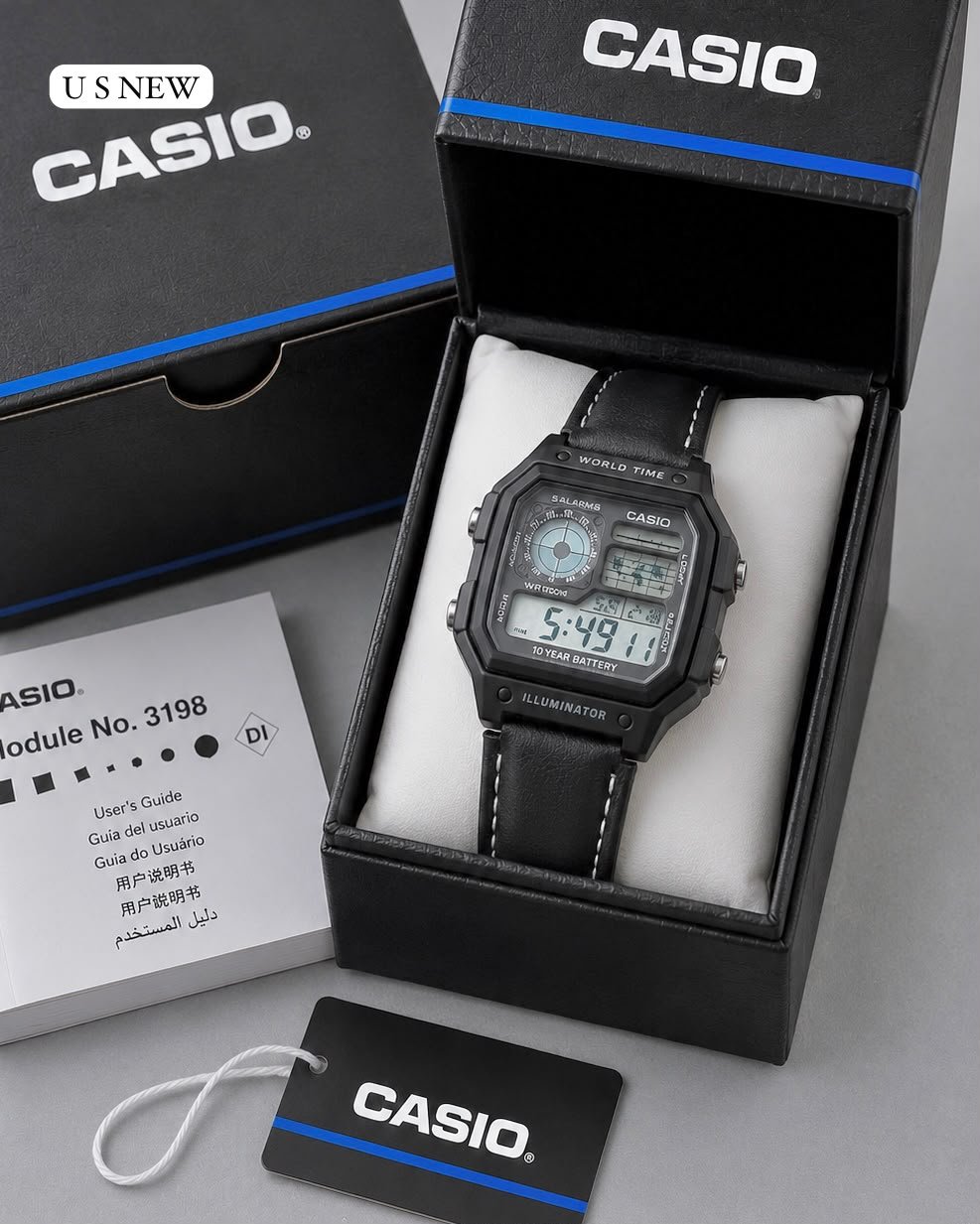 Casio World Time Digital Watch – Black Case Black Leather Strap