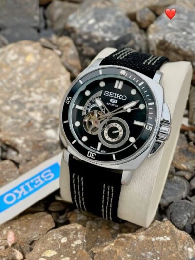 Seiko 5 Sports Black Dial Automatic Open Heart Nylon Strap Watch