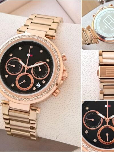 Tommy Hilfiger Rose Gold Black Dial Crystal Watch