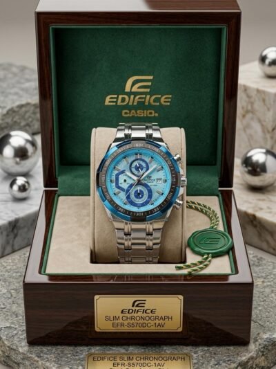 Casio Edifice Slim Chronograph Black-Blue Dial Stainless Steel Watch