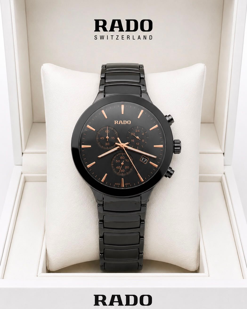 Rado Black Dial Rose Gold-Tone Stainless Steel Analog Watch