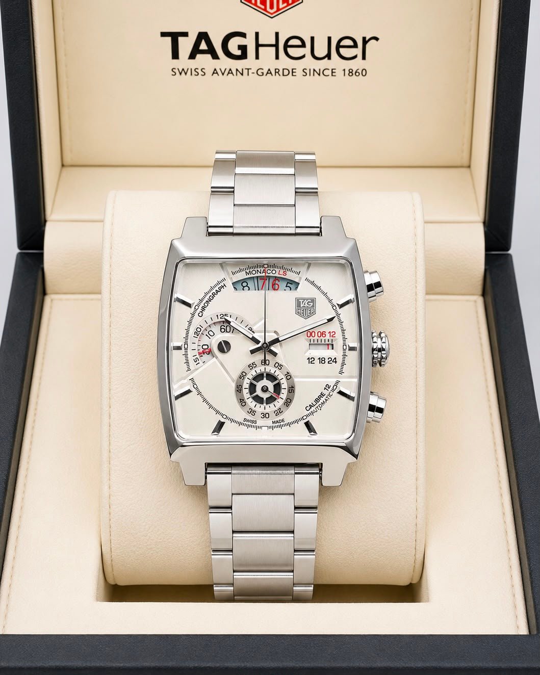 TAG Heuer Monaco Silver-Tone White Dial Stainless Steel Chronograph Watch