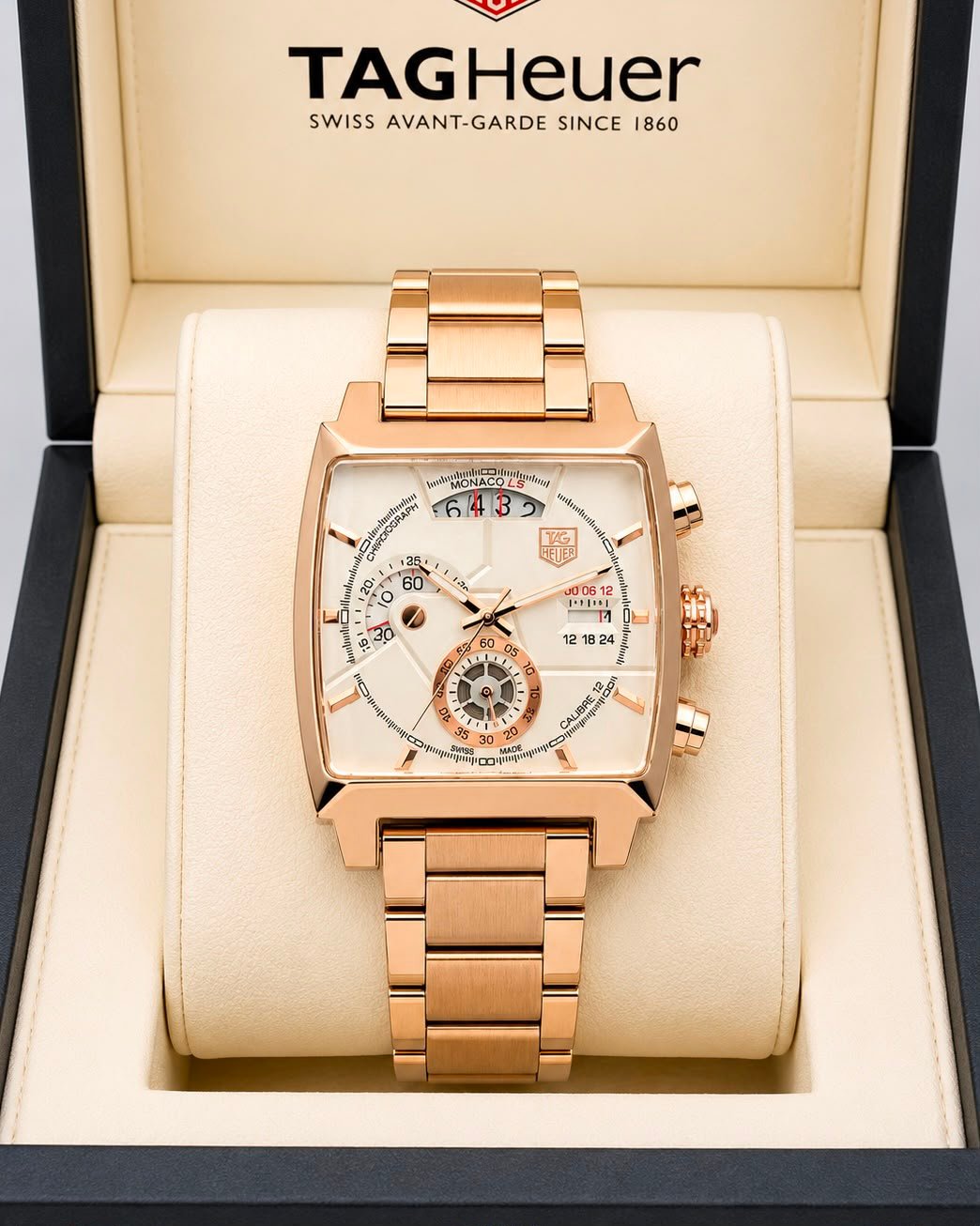 TAG Heuer Monaco Rose Gold-Tone White Dial Stainless Steel Chronograph Watch