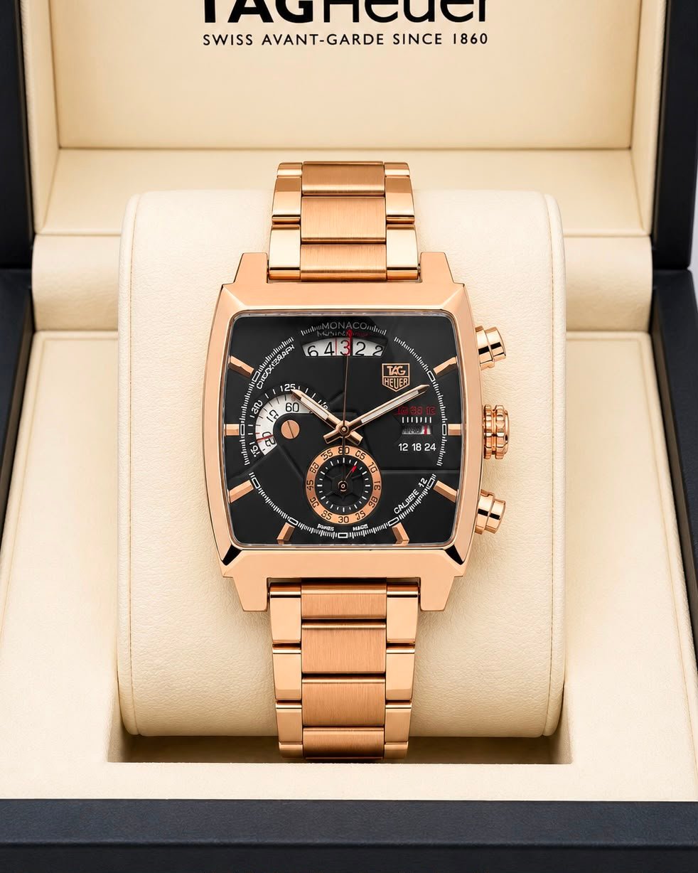 TAG Heuer Monaco Rose Gold-Tone Black Dial Stainless Steel Chronograph Watch