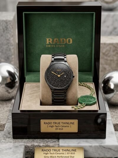 Rado True Thinline Black Dial Gold Dot Pattern Watch