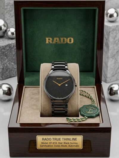 Rado True Thinline Black Sunray Dial Gold Accent Watch