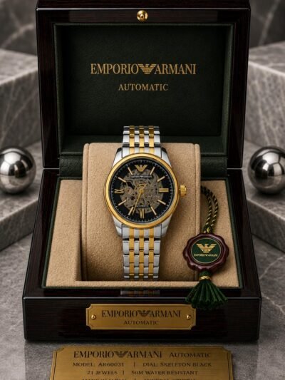 Emporio Armani Automatic Skeleton Black Dial Two-Tone Stainless Steel Watch