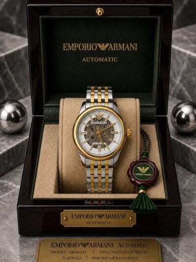 Emporio Armani Automatic Skeleton White Dial Two-Tone Stainless Steel Watch
