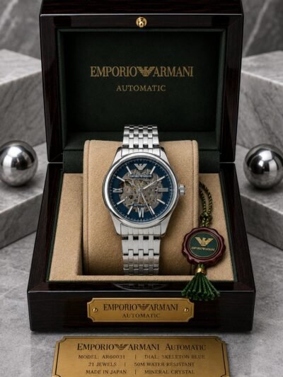 Emporio Armani Automatic Skeleton Blue Dial Silver Stainless Steel Watch