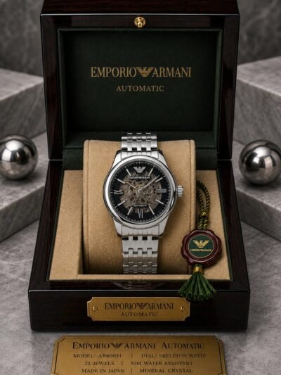 Emporio Armani Automatic Skeleton Black Dial Silver Stainless Steel Watch
