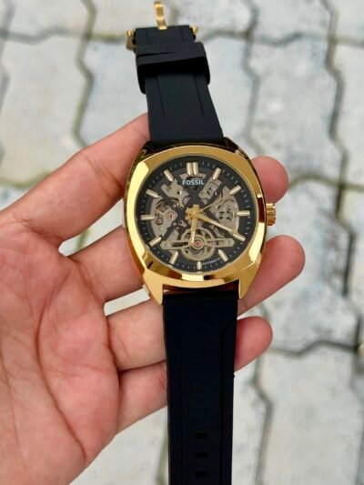 Fossil Automatic Skeleton Black Silicone Strap Watch - Gold Case