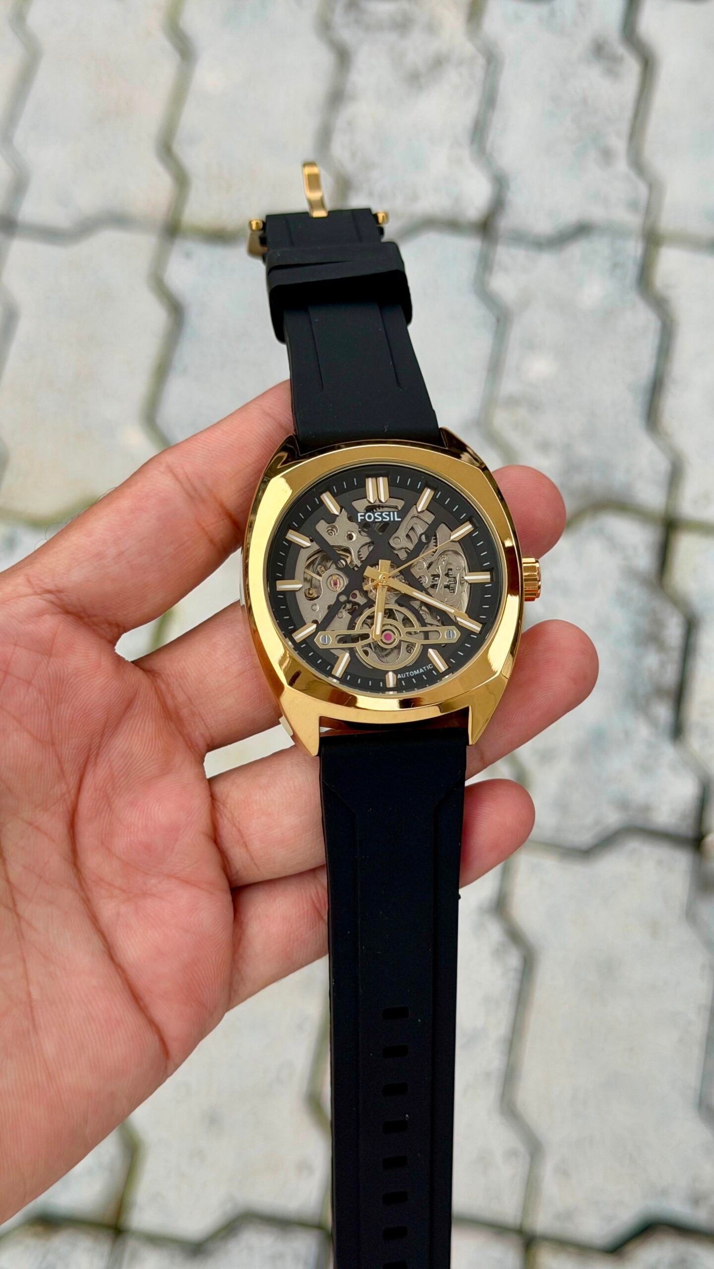 Fossil Automatic Skeleton Black Silicone Strap Watch - Gold Case