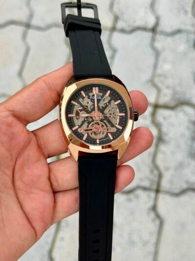 Fossil Automatic Skeleton Black Silicone Strap Watch - Rose Gold Case