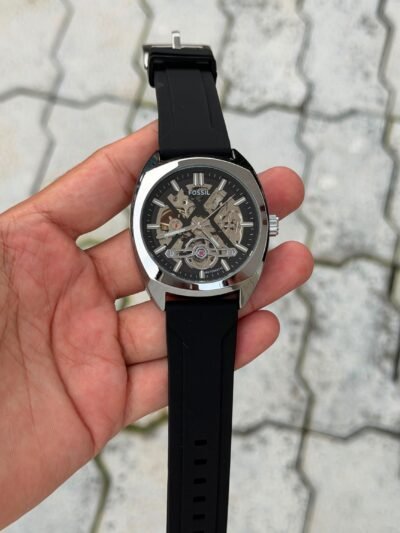 Fossil Automatic Skeleton Black Silicone Strap Watch - Silver Case
