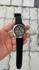 Fossil Automatic Skeleton Black Silicone Strap Watch - Silver Case