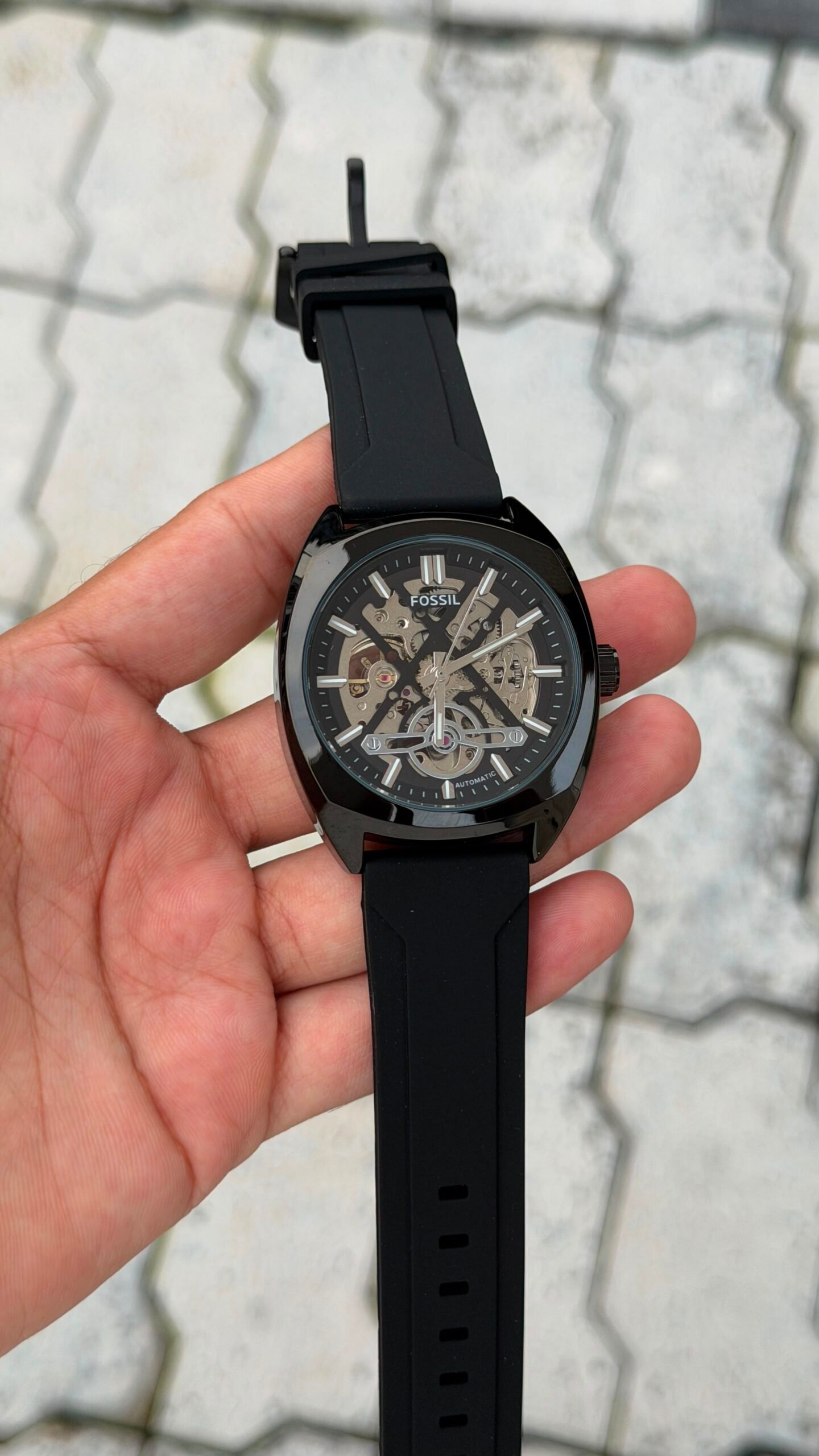Fossil Automatic Skeleton Black Silicone Strap Watch Black Case