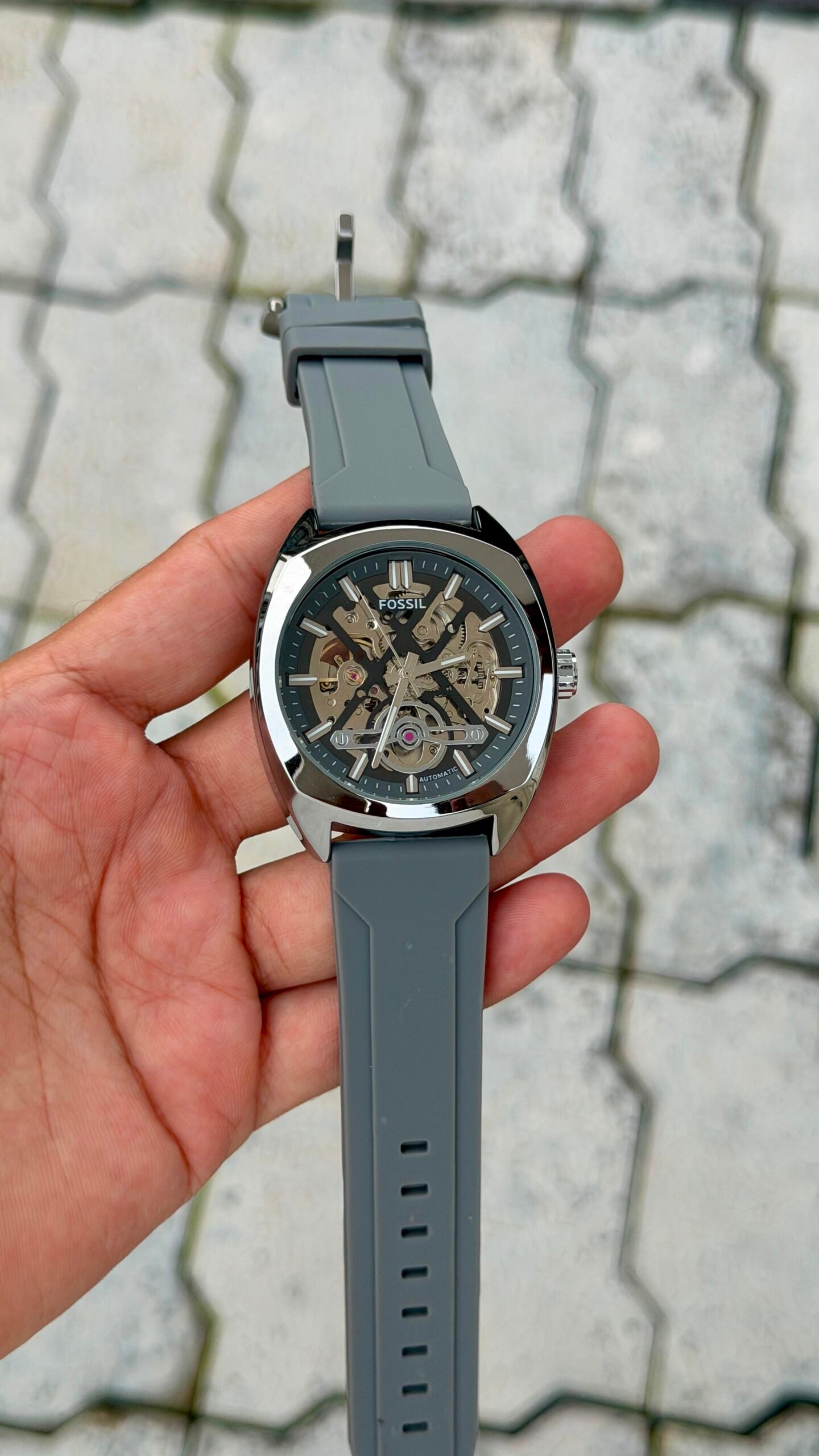 Fossil Automatic Skeleton Grey Silicone Strap Watch - Silver Case