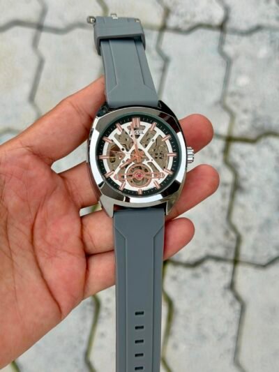 Automatic Skeleton Grey Silicone Strap Watch - Silver Case Rose Gold Accents