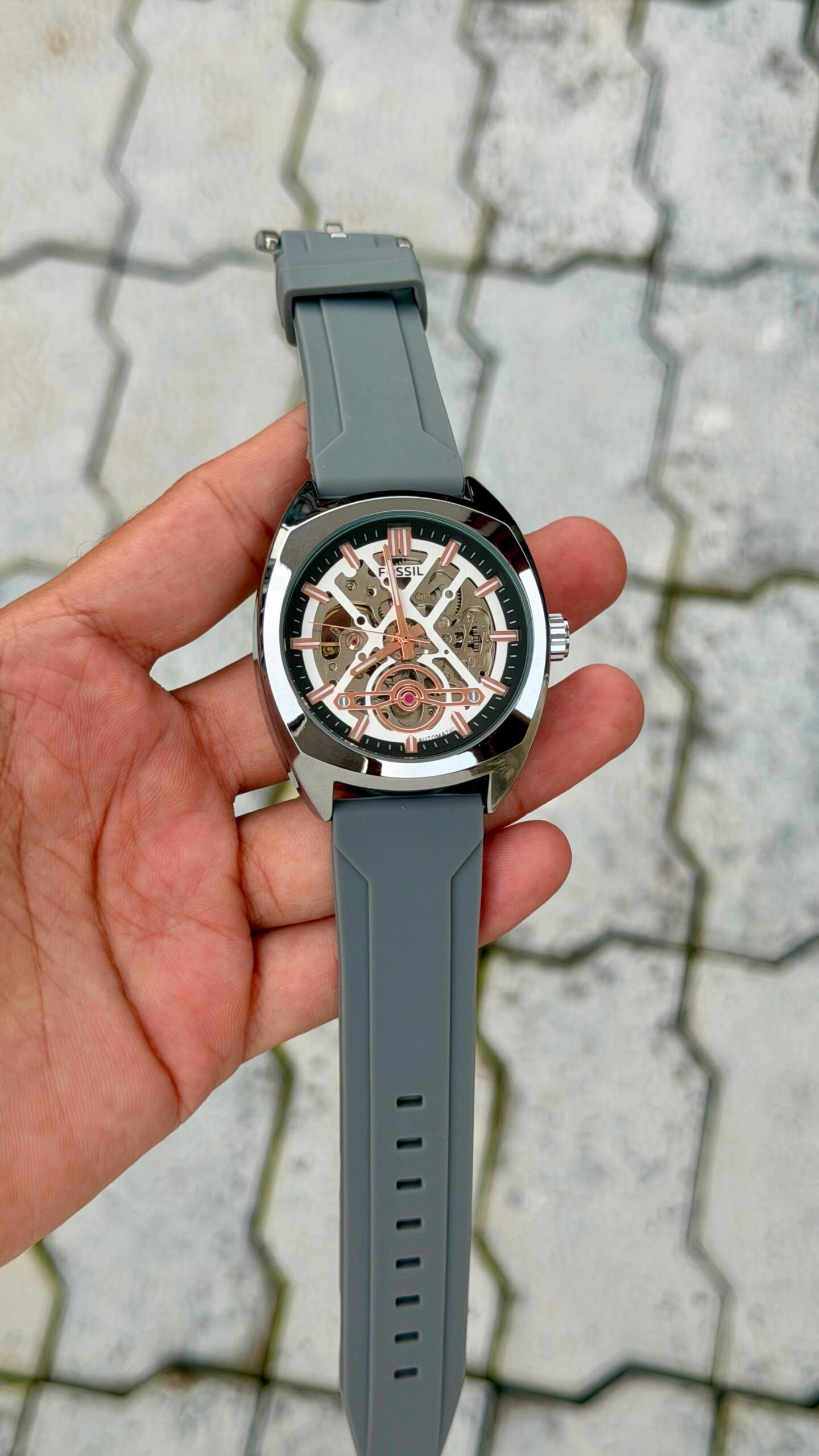 Automatic Skeleton Grey Silicone Strap Watch - Silver Case Rose Gold Accents