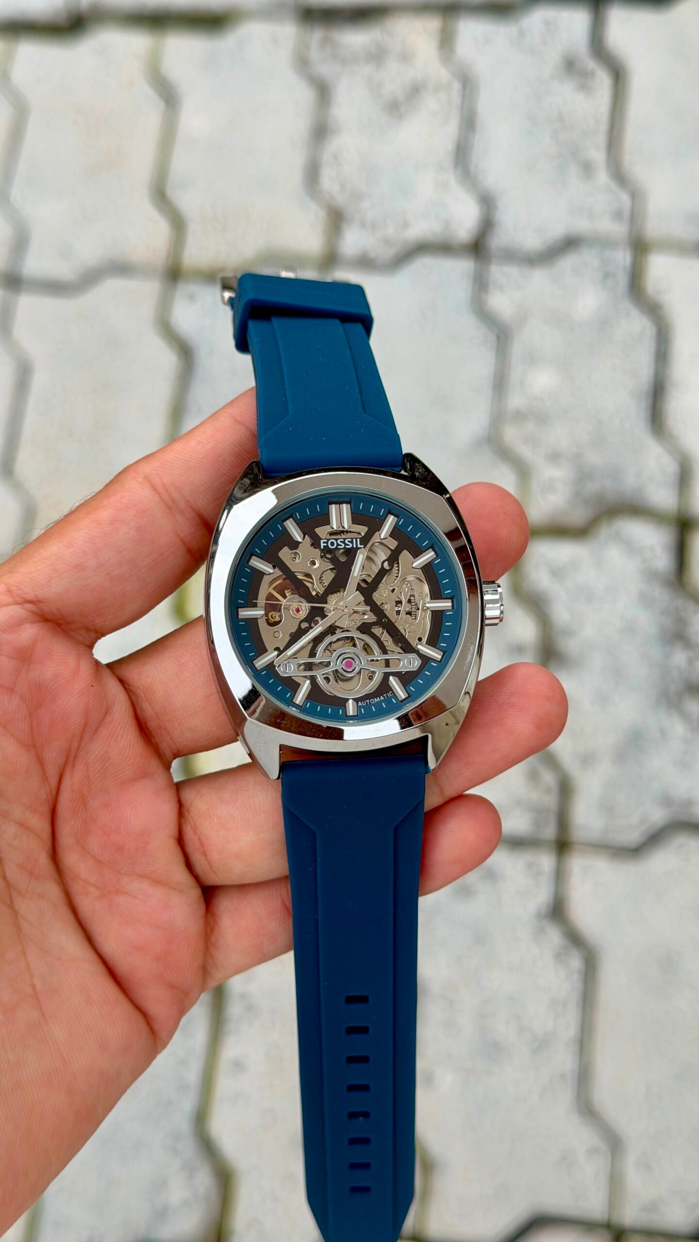 Fossil Automatic Skeleton Blue Silicone Strap Watch - Silver Case