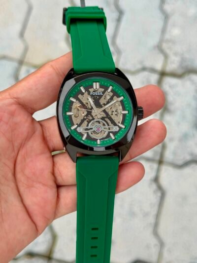 Fossil Automatic Skeleton Green Silicone Strap Watch - Black Case