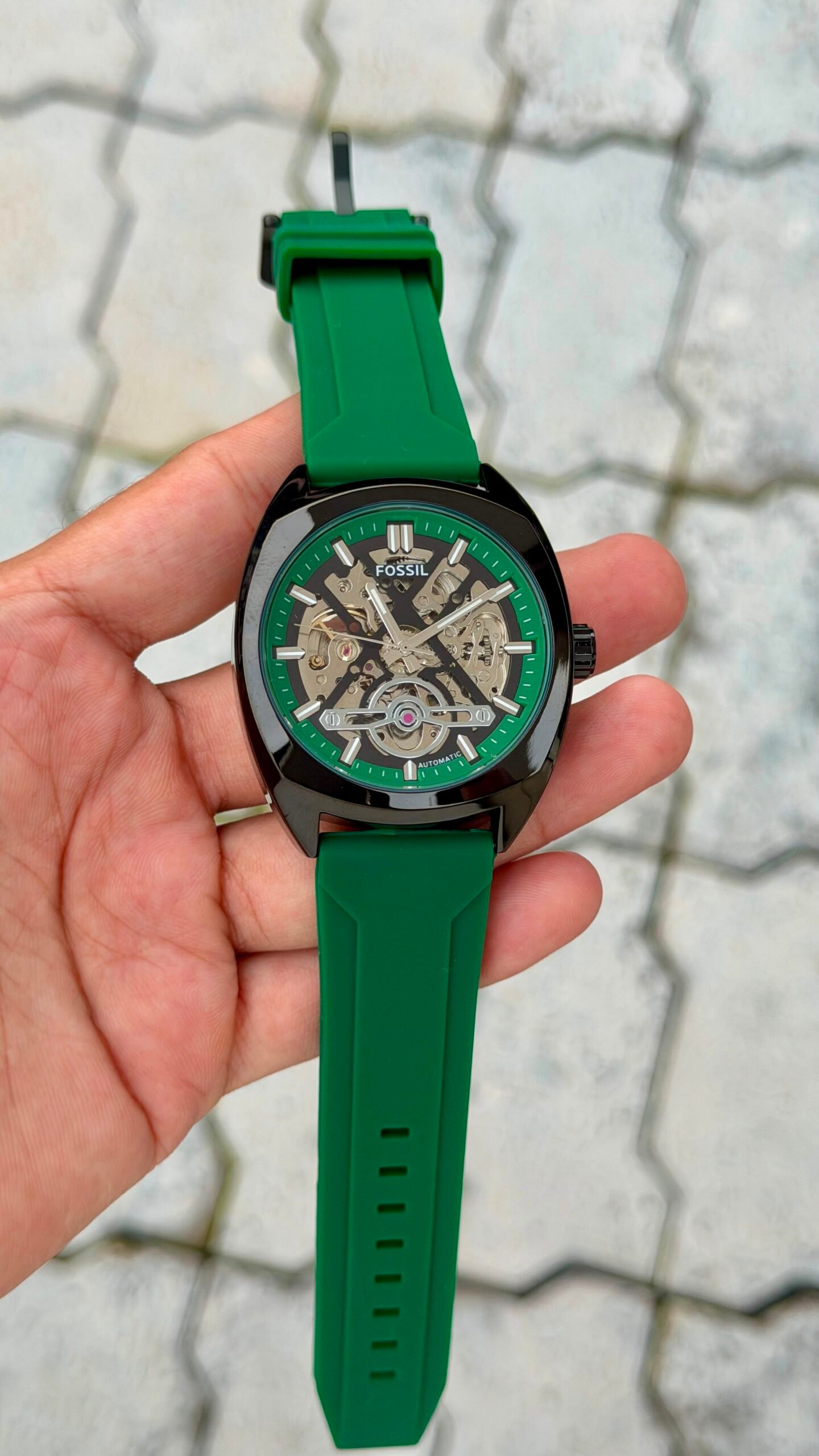 Fossil Automatic Skeleton Green Silicone Strap Watch - Black Case