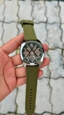 Fossil Automatic Skeleton Olive Silicone Strap Watch - Silver Case