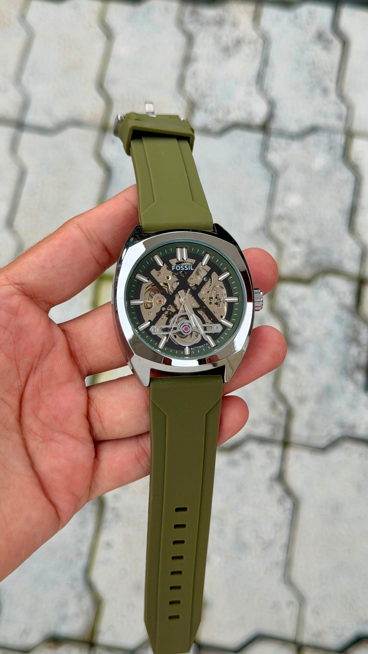 Fossil Automatic Skeleton Olive Silicone Strap Watch - Silver Case