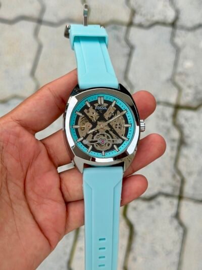 Fossil Automatic Skeleton Light Blue Silicone Strap Watch - Silver Case