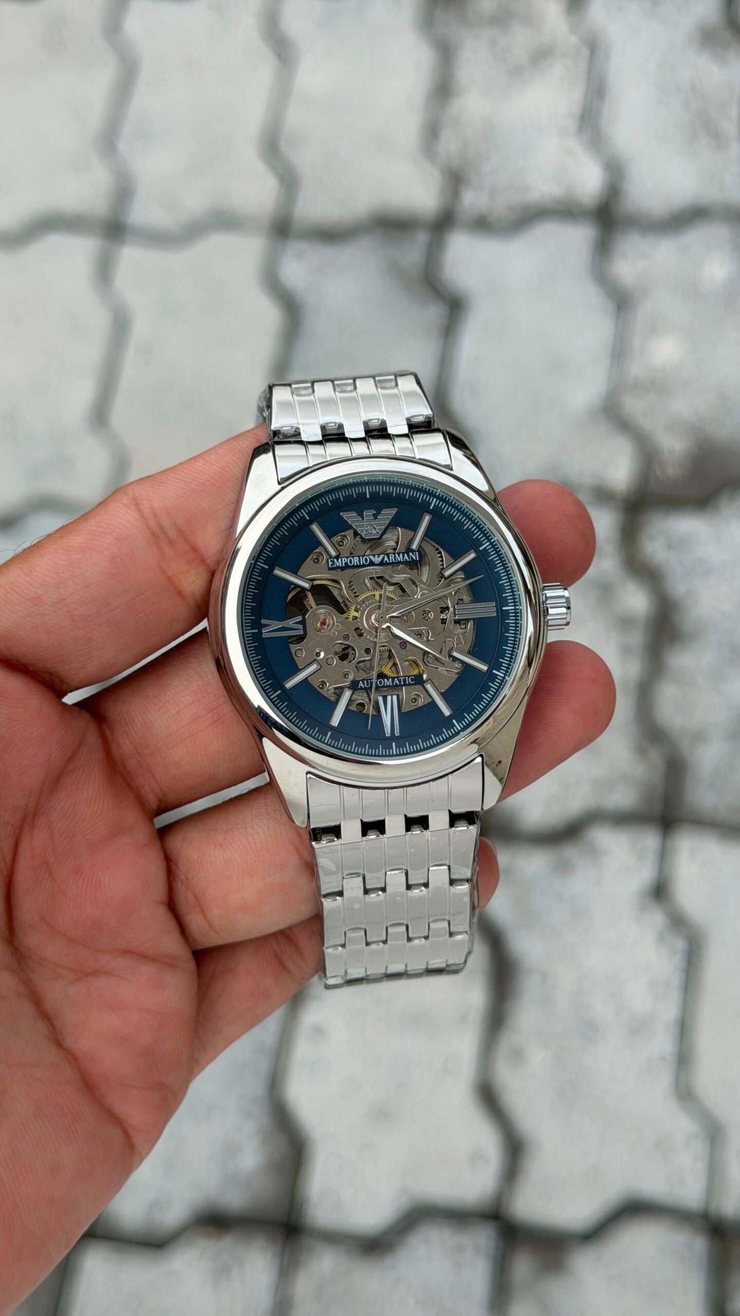 Emporio Armani Automatic Skeleton Blue Dial Stainless Steel Watch