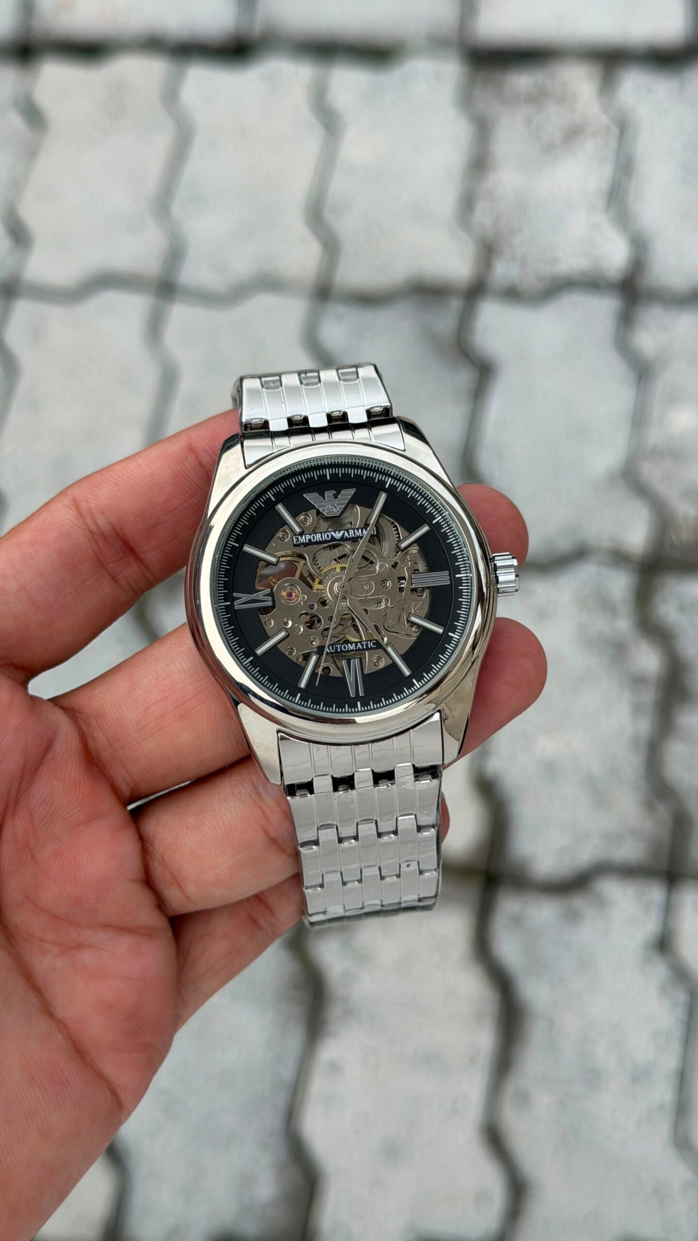 Emporio Armani Automatic Skeleton Black Dial Black Stainless Steel Watch